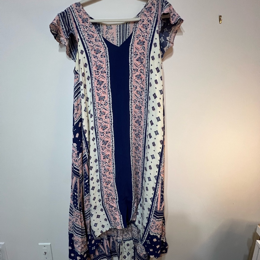 Maeve - Boho V-Neck Midi Dress in Navy, Blush & Cream